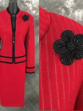 STUNNING St John evening knit red black rhinestones embellished skirt suit 12